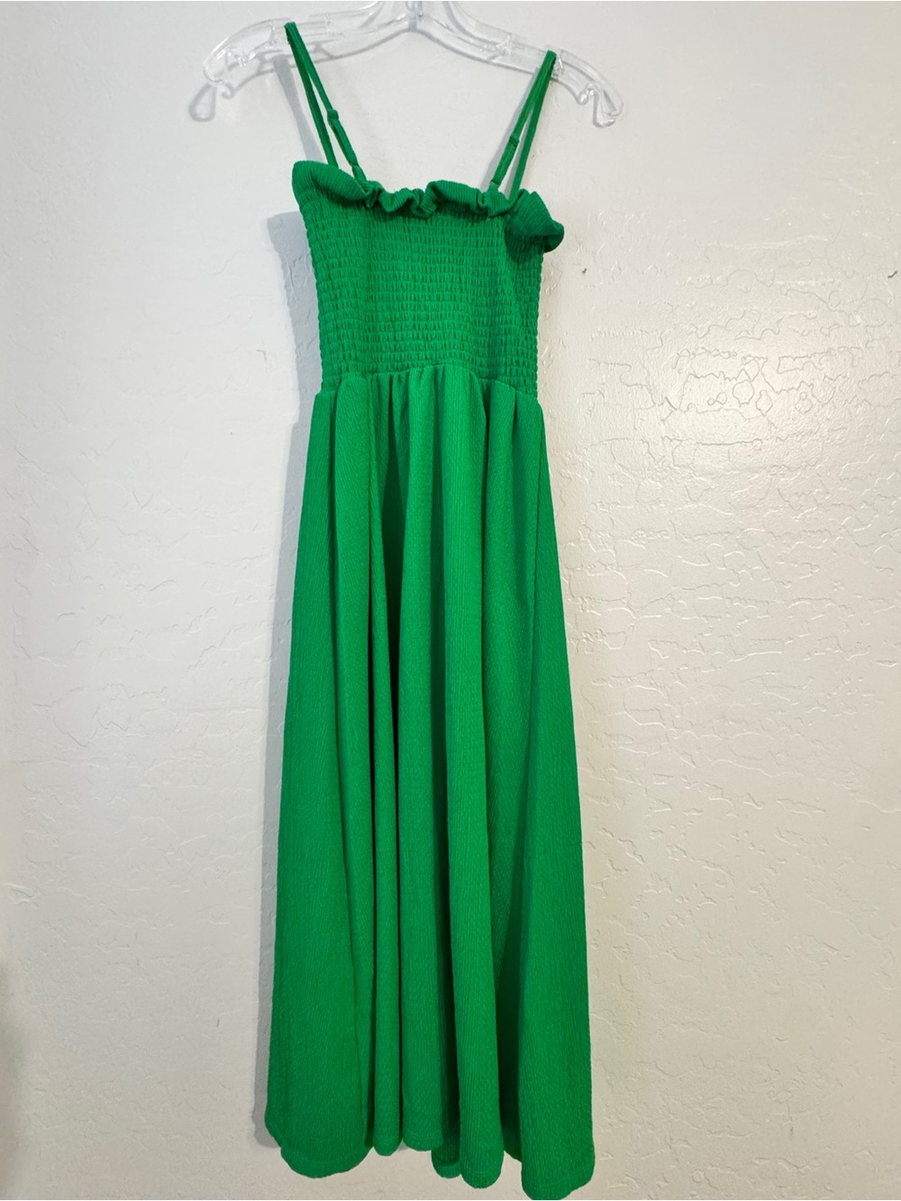 👗 H&M Green Smocked Square Neck Midi Sundress, Stretch Knit XS